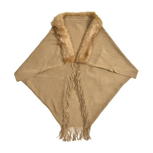 LA MAREY luxuriöser Kunstfell-Kimono mit Fransen, Beige image number 1