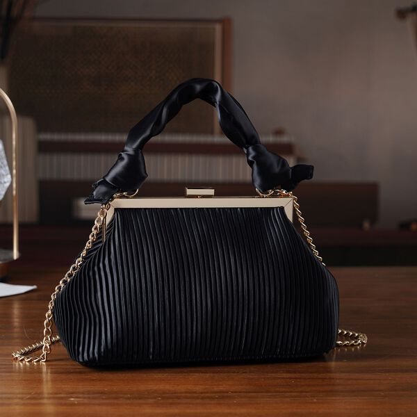 Plissiertes Design Crossbody Tasche mit Knotenhenkel, 23x10x15cm, Schwarz image number 1