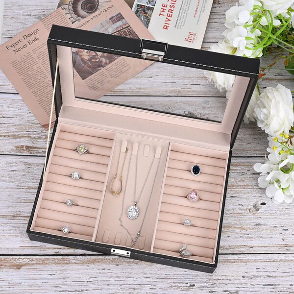Schmuckorganizer aus Kunstleder mit Glasdeckel, 30x20x8,5cm, Schwarz image number 10
