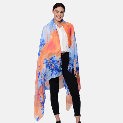 LA MAREY: Bedruckter Schal aus 100% Maulbeerseide, Blumenmuster, inkl. Geschenkbox, Blau und Orange  image number 0
