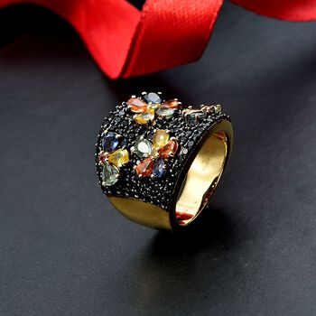 D'Joy Mehrfarbig Saphir, Schwarzer Spinell Ring 925 Silber 750 Gelbgold Vermeil (Gr&ouml;&szlig;e 17.00) ca. 5,71 ct
