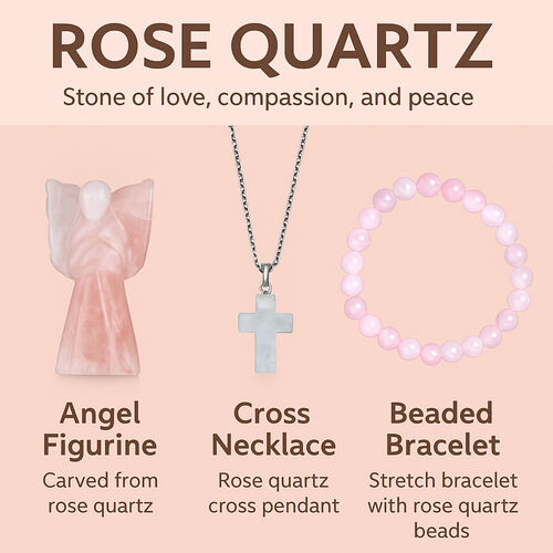 3er-Rosenquarz-Set – Engel, Kreuzanhänger und Armband image number 1