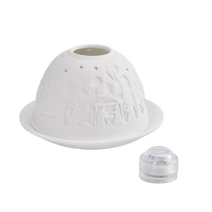 Exquisiter Teelichthalter mit LED-Licht, 3D-Motiv 'Bethlehem', unglasiertes wei&szlig;es Porzellan, ideal als Tischdekoration und Nachtlicht, Gr&ouml;&szlig;e: 10.5x7.5 cm