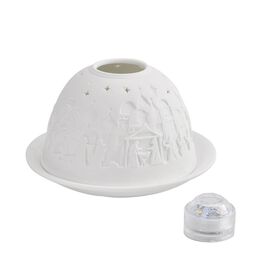 Exquisiter Teelichthalter mit LED-Licht, 3D-Motiv 'Bethlehem', unglasiertes weißes Porzellan, ideal als Tischdekoration und Nachtlicht, Größe: 10.5x7.5 cm