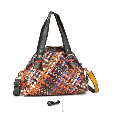 "Chaos by Elsie Genuine Leather Crossbody Bag with RFID with Mini flash torch 1.Color:Multicolor woven pattern Size: 38.5*17.5*32CM Handle drop:?cm             Wall: Genuine Leather Lining: Polyester                                   Exterior:zipped-2, In image number 0