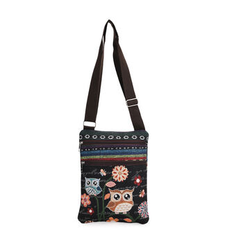 Crossbody-Tasche mit Eulenmotiv, 3 Rei&szlig;verschlussf&auml;cher, verstellbarer Schultergurt (ca. 120 cm), 21x28 cm, Mehrfarbig