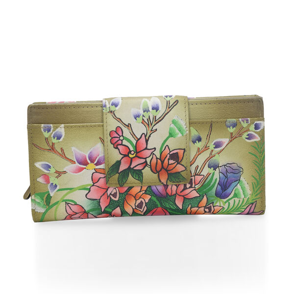 Sukriti - handbemalte Brieftasche aus echtem Leder mit RFID Schutz, Blumenmuster, Grün image number 0