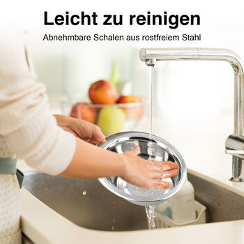 NAKKASHI handgeschnitzter Futternapf aus Mangoholz mit Edelstahl-Sch&uuml;sseln, dunkelbraun