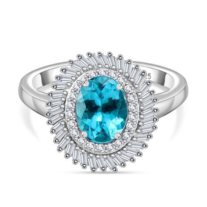 SEA INSPIRED KOLLEKTION - AA Lagunen Apatit, Wei&szlig;er Diamant Ring 925 Silber rhodiniert (Gr&ouml;&szlig;e 19.00) ca. 1.77 ct