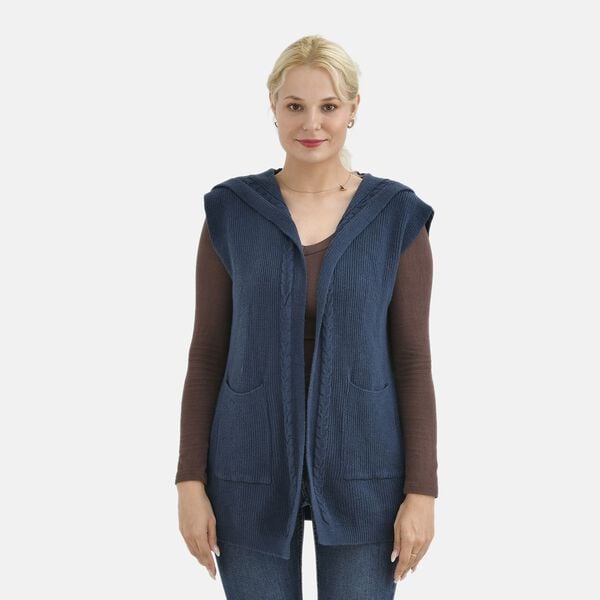 Damen Strickweste mit Kapuze und Taschen, Einheitsgröße, blau image number 0