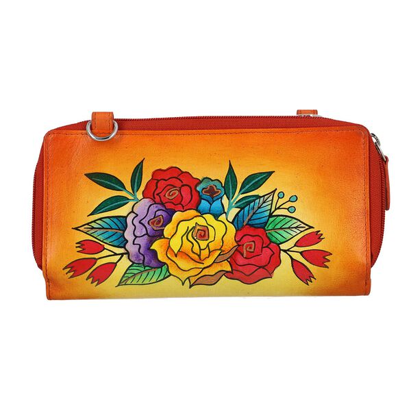 SUKRITI- Handbemalte Brieftasche aus Echtleder mit verstellbarem Schulterriemen und Schlüsselanhänger, Orange image number 6