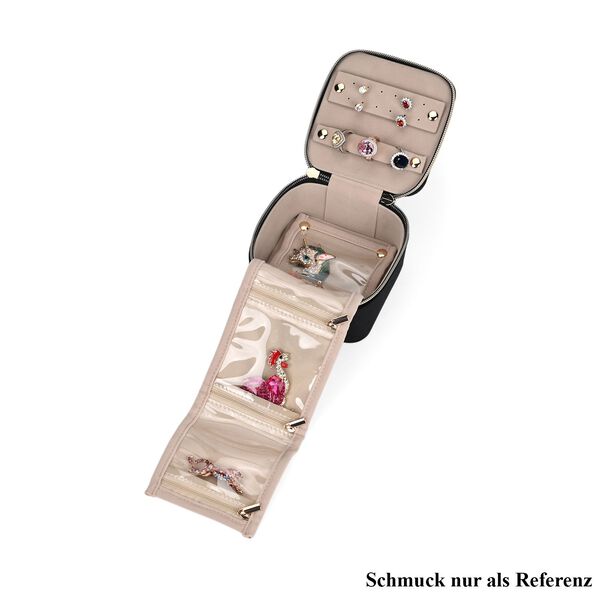 Samt-Schmuckbox mit 4 transparenten Schmuckbeuteln, 12x12x7 cm, Schwarz