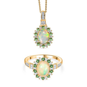 AA äthiopischer Welo Opal Tsavorit Granat und Moissanit Ring und Anhänger mit 50cm Kette