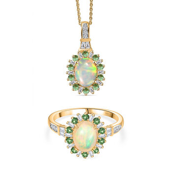 AA &auml;thiopischer Welo Opal Tsavorit Granat und Moissanit Ring und Anh&auml;nger mit 50cm Kette