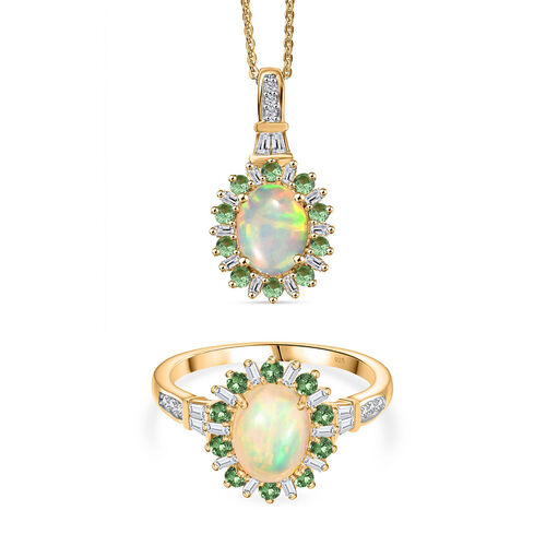 AA äthiopischer Welo Opal Tsavorit Granat und Moissanit Ring und Anhänger mit 50cm Kette image number 0