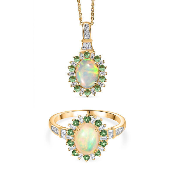 AA &auml;thiopischer Welo Opal Tsavorit Granat und Moissanit Ring und Anh&auml;nger mit 50cm Kette