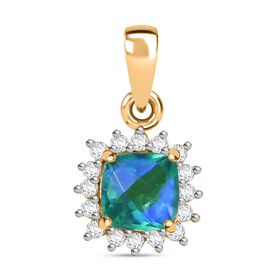 Pfau Quarz Triplette, Weißer Zirkon Anhänger 925 Silber 750 Gelb Vergoldet ca. 1.44 ct