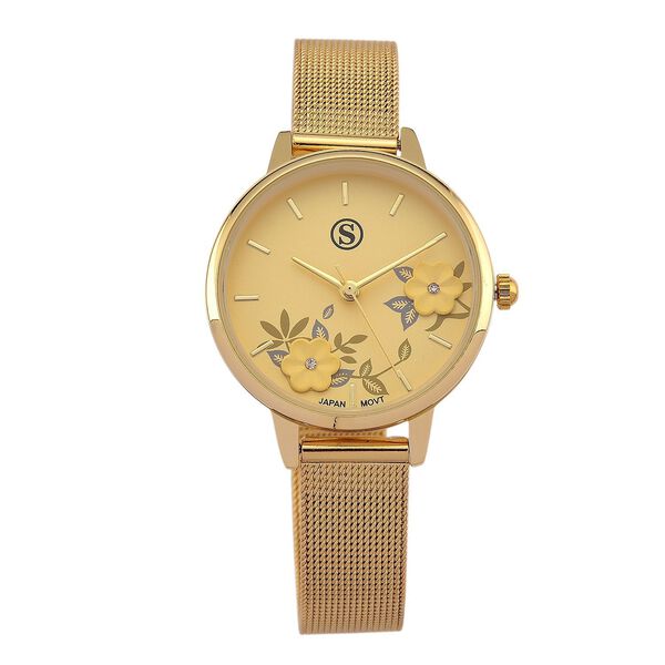 STRADA Uhr mit Japanischem PC21S Werk, Edelstahl-Mesharmband Goldfarben, florales Zifferblatt Gelb mit Wei&szlig;em Kristall