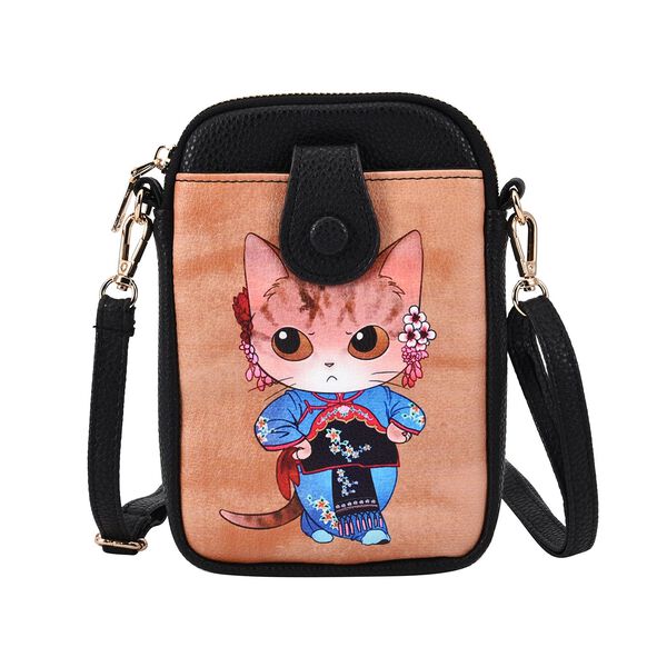 Stilvolle und kompakte Handytasche mit Katzenmotiv, Kunstleder, mit Schultergurt, 19x13.5x2cm