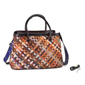 Chaos by Elsie Crossbody-Tasche aus echtem Leder, Multicolor mit glänzender Krokoprägung im Rautenmuster mit Blumen, RFID-Schutz und Mini-Taschenlampe, 37x14,5x25 cm
