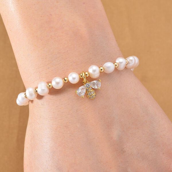 Weiße Süßwasser Perle, Zirkonia Armband ca. 18cm + 5cm Extender, Nickelfreies Messing gelb vergoldet image number 2