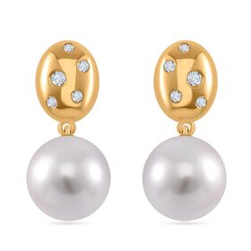 Weiße Muschelkernperle, Moissanit Ohrringe 925 Silber 750 Gelbgold Vermeil