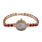 Genoa Time V2 - PC21S Japanisches Uhrwerk, Gehäuse mit weißen Kristallakzenten und PNP-Goldplattierung, rundes Zifferblatt mit weißen Ziffern und Kristallen, roten Zirkonia und weißen Kristallen