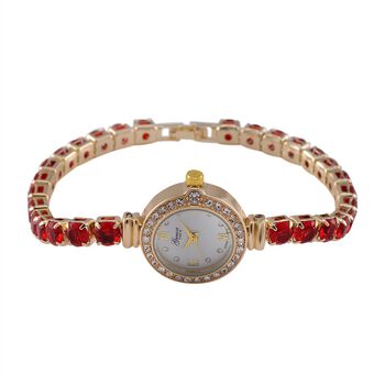 Genoa Time V2 - PC21S Japanisches Uhrwerk, Geh&auml;use mit wei&szlig;en Kristallakzenten und PNP-Goldplattierung, rundes Zifferblatt mit wei&szlig;en Ziffern und Kristallen, roten Zirkonia und wei&szlig;en Kristallen