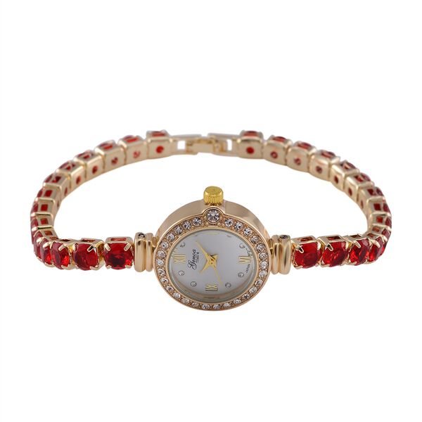 Genoa Time V2 - PC21S Japanisches Uhrwerk, Geh&auml;use mit wei&szlig;en Kristallakzenten und PNP-Goldplattierung, rundes Zifferblatt mit wei&szlig;en Ziffern und Kristallen, roten Zirkonia und wei&szlig;en Kristallen