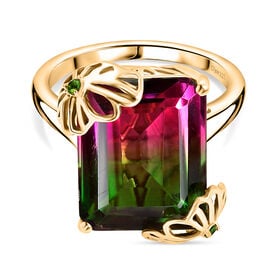 Lotus Ember - D joy Wassermelonen Quarz Triplette, Natürlicher Chromdiopsid Ring 925 Silber 750 Gelbgold Vermeil (Größe 17.00) ca. 11,58 ct