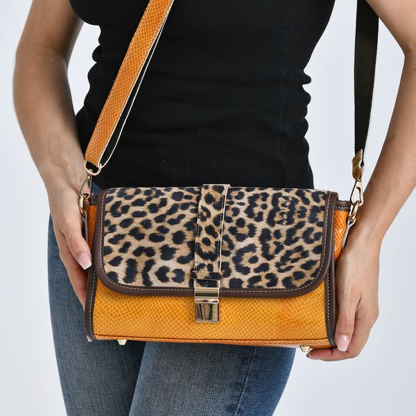 Chaos by Elsie- Echtleder Crossbody Tasche mit RFID-Schutz, Leopardenmotiv Klappe, 2 Au&szlig;enf&auml;cher mit Rei&szlig;verschluss, 28x10x18cm, Beige image number 4