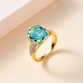 Pfau Quarz Triplette, Wei&szlig;er Zirkon Ring, 925 Silber, 750 Gelbgold Vermeil (Gr&ouml;&szlig;e 20.00), ca. 4.94 ct