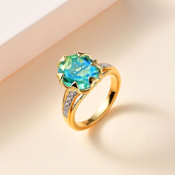 Pfau Quarz Triplette, Wei&szlig;er Zirkon Ring, 925 Silber, 750 Gelbgold Vermeil (Gr&ouml;&szlig;e 20.00), ca. 4.94 ct image number 2