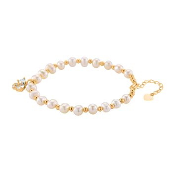 Wei&szlig;e S&uuml;&szlig;wasser Perle, Zirkonia Armband ca. 18cm + 5cm Extender, Nickelfreies Messing gelb vergoldet