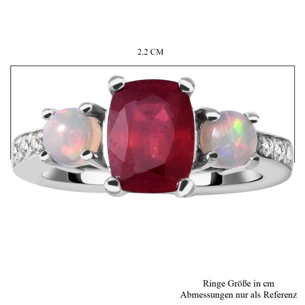 Afrikanischer Rubin, natürlicher, äthiopischer Opal und Zirkon-Ring, (Fissure gefüllt), 925 Silber platiniert image number 6