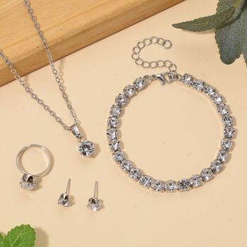 4er Set - Wei&szlig;er Kristall Schmuckset Nickelfreies Messing Silberfarben, Flexibles (Gr&ouml;&szlig;e 17.00-18.00)