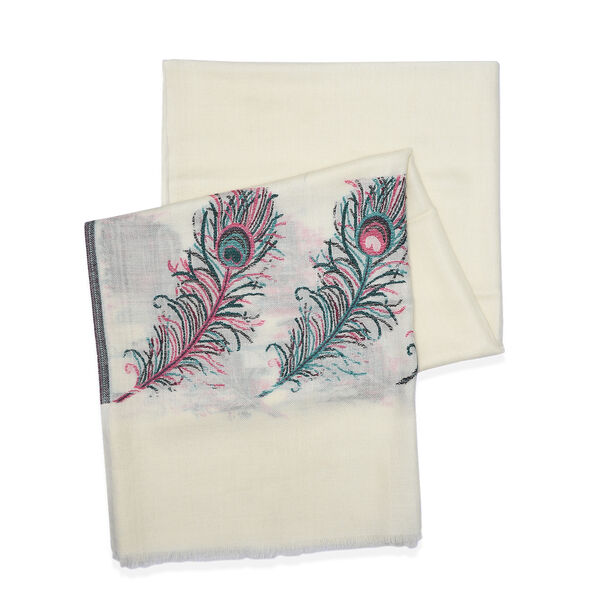 LA MAREY- 100% Kaschmirwolle Schal mit gewebten Federmotiven, Cr&egrave;me, 70x200cm image number 5