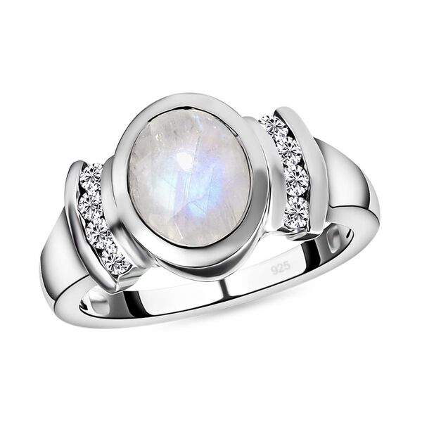 Premium Regenbogen Mondstein und wei&szlig;er Zirkon-Ring, 925 Silber platiniert  ca. 2,00 ct image number 4