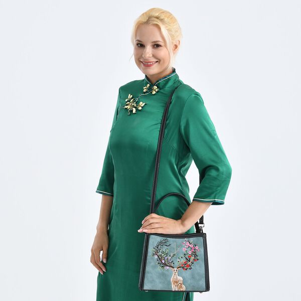 "PU Embroidered crossbody bag Color: Blue Size:  25*11*21cm   Wall: PU Lining: Polyester Exterior:zipped-1,pocket-1 Interior: zipped-2,slid-1 Long Shoulder strap:130cm " image number 2