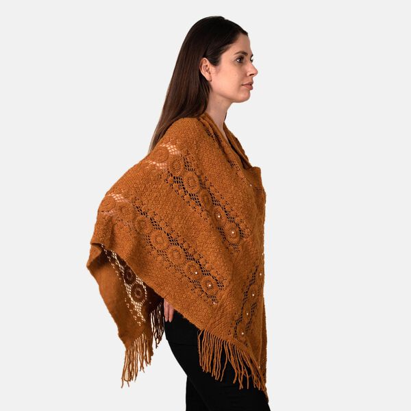 TAMSY- Strick-Poncho mit Perlen, Braun image number 1