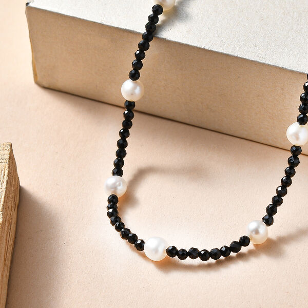 Schwarzer Spinell, Süßwasser Perle Halskette ca. 60 cm Edelstahl image number 1