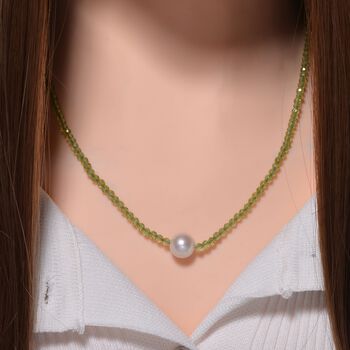 Wei&szlig;e Edison Perle, Peridot flexible Halskette, 925 Silber rhodiniert