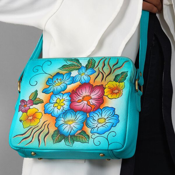 SUKRITI- Echtleder Crossbody Tasche mit Blumenmuster, grün image number 3