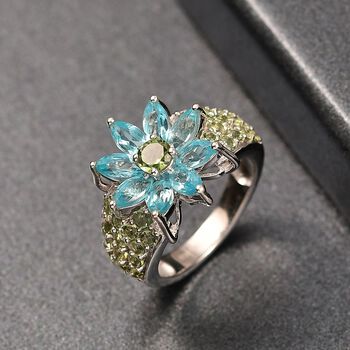 Djoy Betroka Blauer Apatit, Nat&uuml;rlicher gr&uuml;ner Apatit Ring 925 Silber rhodiniert (Gr&ouml;&szlig;e 20.00) ca. 3.84 ct