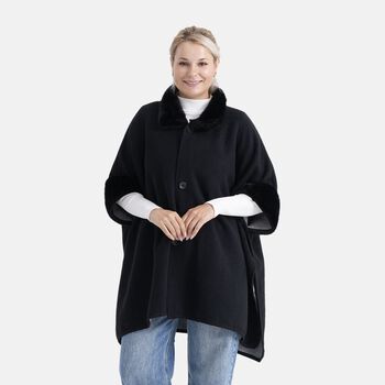 LA MAREY - Signature Kunstfell-Poncho mit Pl&uuml;schkragen und Umschlag&auml;rmeln, Einheitsgr&ouml;&szlig;e, Tiefschwarz