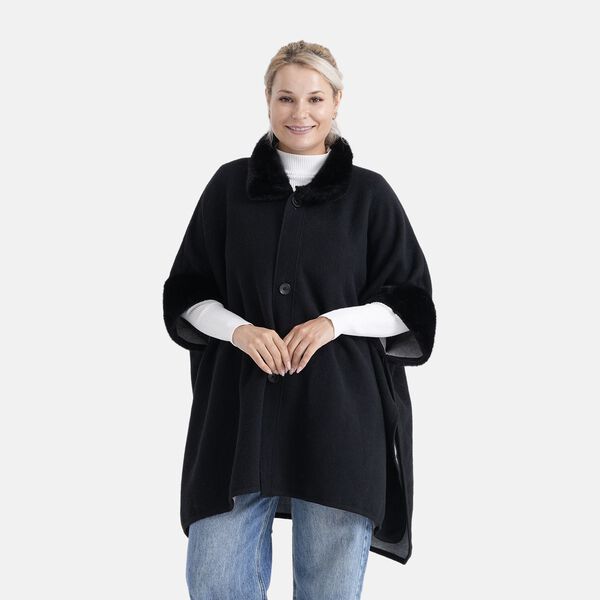 LA MAREY - Signature Kunstfell-Poncho mit Plüschkragen und Umschlagärmeln, Einheitsgröße, Tiefschwarz image number 0