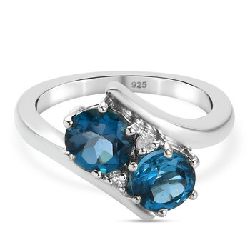 London Blautopas und Zirkon Bypass Ring 925 Silber platiniert (Gr&ouml;&szlig;e 16.00) ca. 1,77 ct