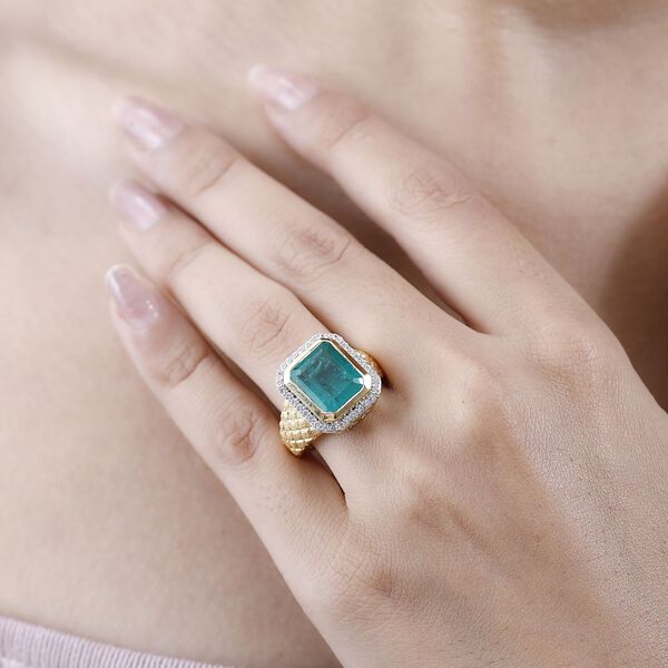 Smaragd-Quarz-Triplette, Wei&szlig;er Zirkon Ring, 925 Silber Gelbgold Vermeil, (Gr&ouml;&szlig;e 17.00) ca. 7.47 ct image number 3