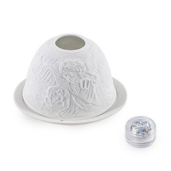 Weihnachts-Windlicht, unglasiertes, wei&szlig;es Porzellan mit LED, 10 cm, schlafende Engel