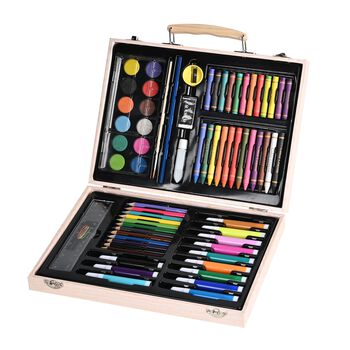 70-tlgs. Malbox aus Holz mit 12 x Wasserfarben, 12 x &Ouml;lpastelle, 12 x Kreide, 12 x Mini-Buntstift uvm., 30 x 23 x 5 cm